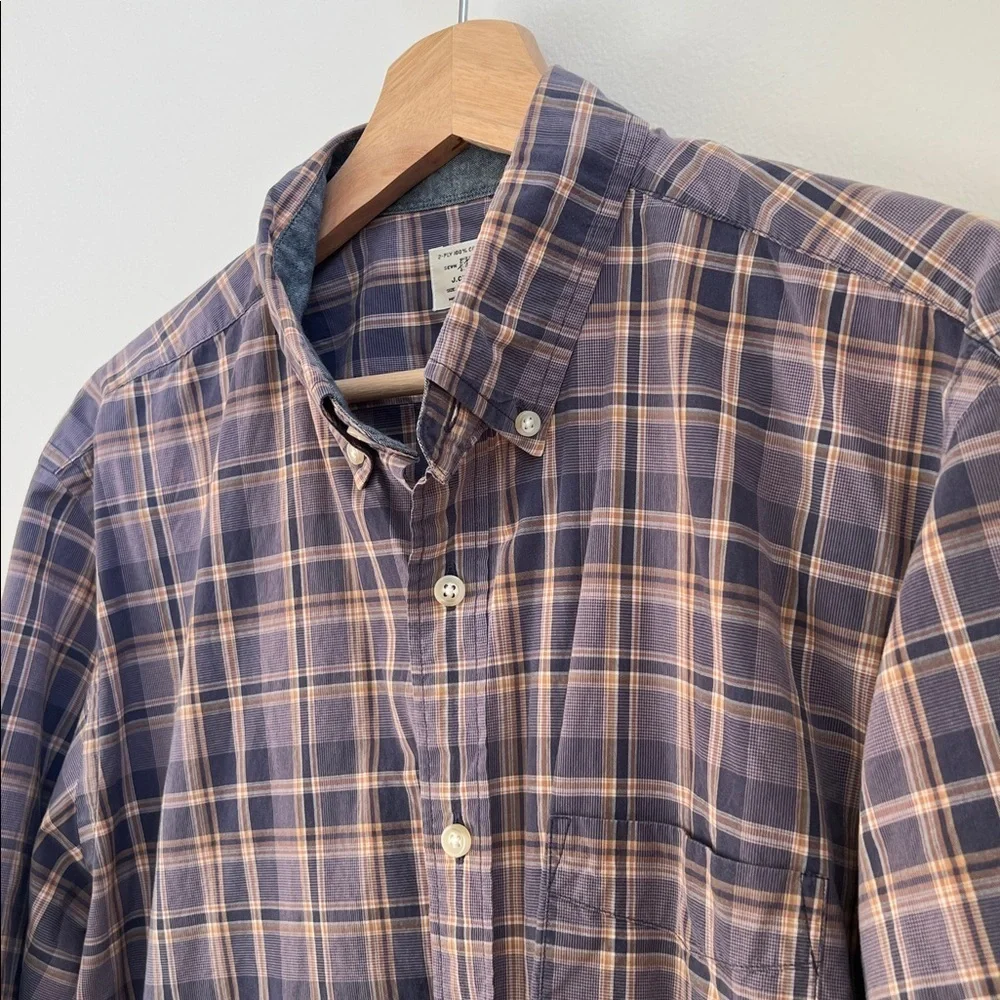 J. Crew Navy and Tan Plaid Casual Shirt Large